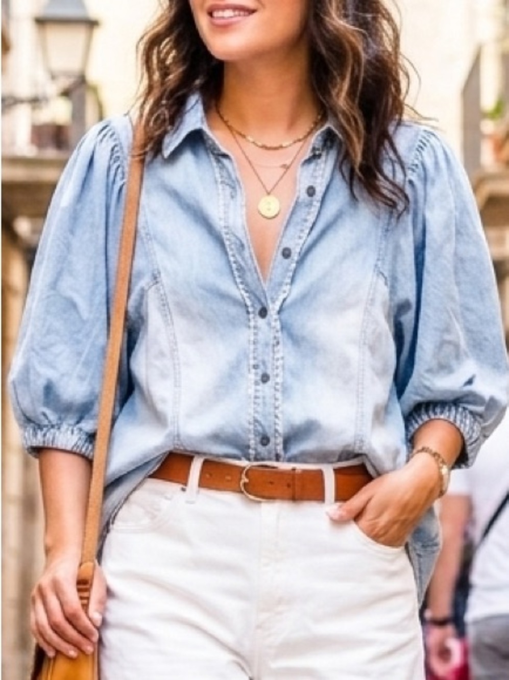 We The Free Denim Cotton Puff Sleeve Button Down Blouse Size XL Boho Minimalist